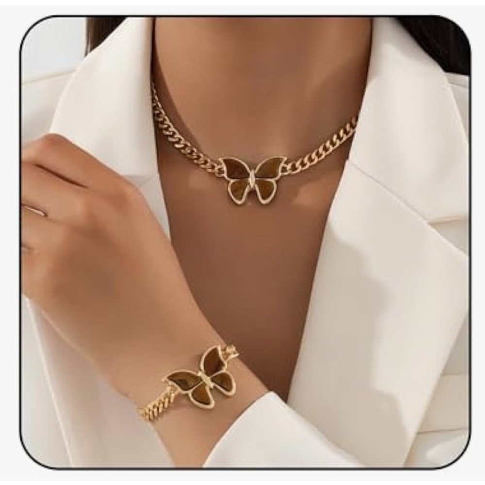 2 Pieces Butterfly Cuban Jewelry Set Bracelet &Necklace for woman